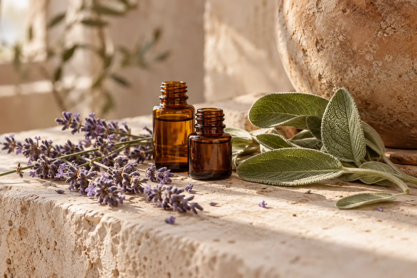 Amber glass bottles with lavender and sage on natural stone