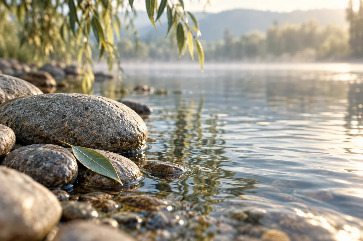 Natural stones and a willow leaf beside calm water