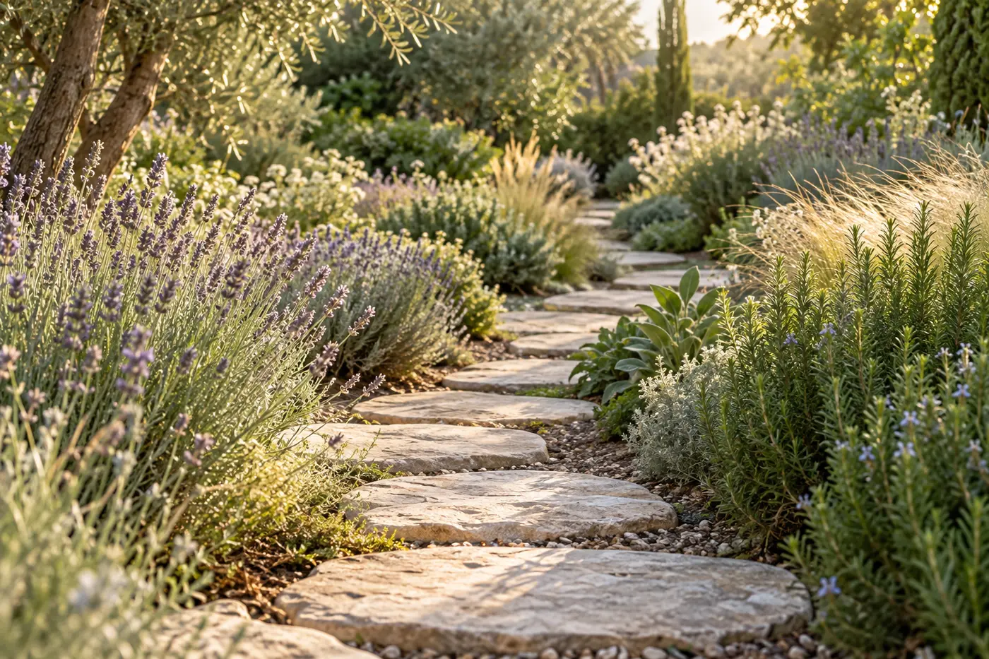 A stepping-stone path through a sunlit herb garden