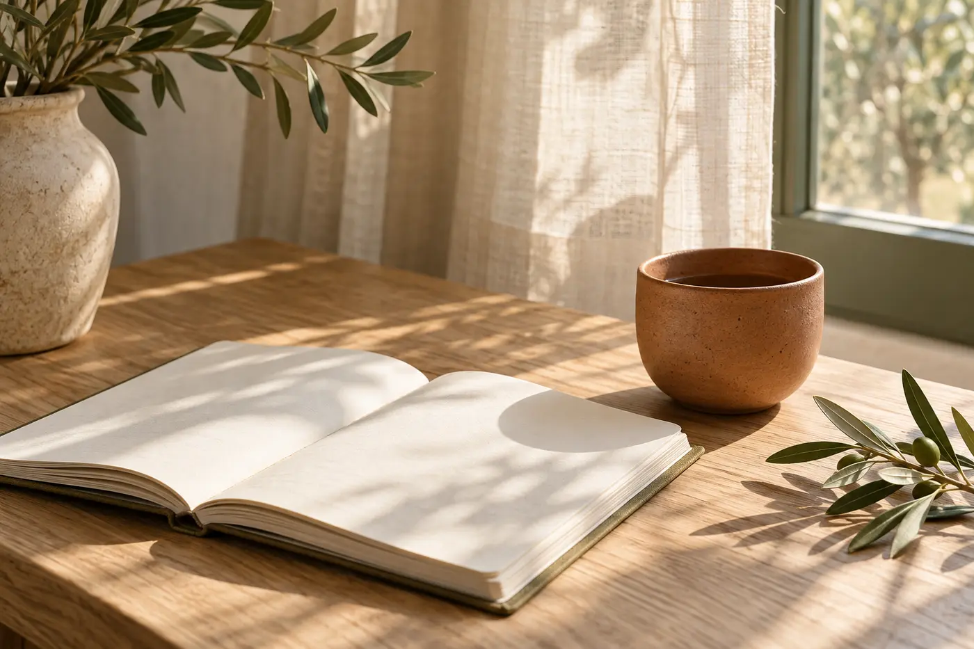 A notebook and ceramic cup beside a softly lit window